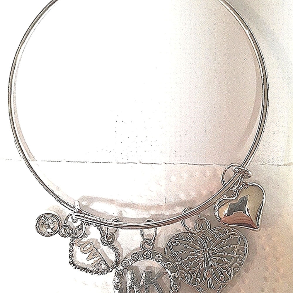 Silver Wire Bangle Bracelet MK Initials and various CZ Crystal Heart Charms NEW